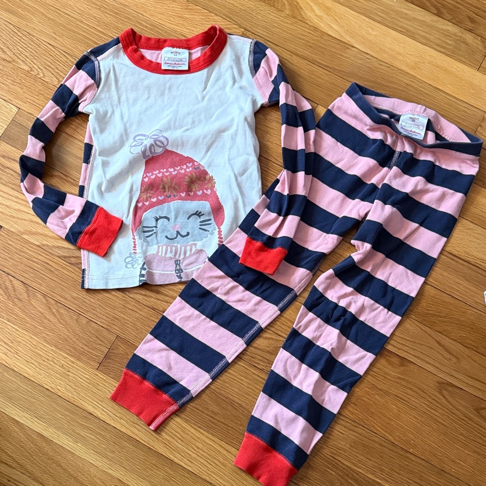 Hanna Andersson Pink & Navy Striped Kitty Pajama Set with Red Trim